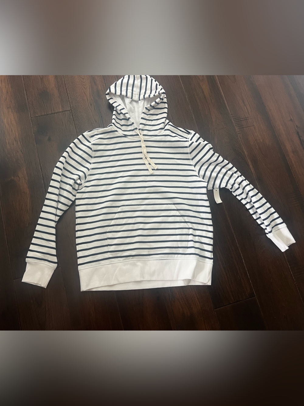 French terry fleece Striped White & Navy Hooded Pullover